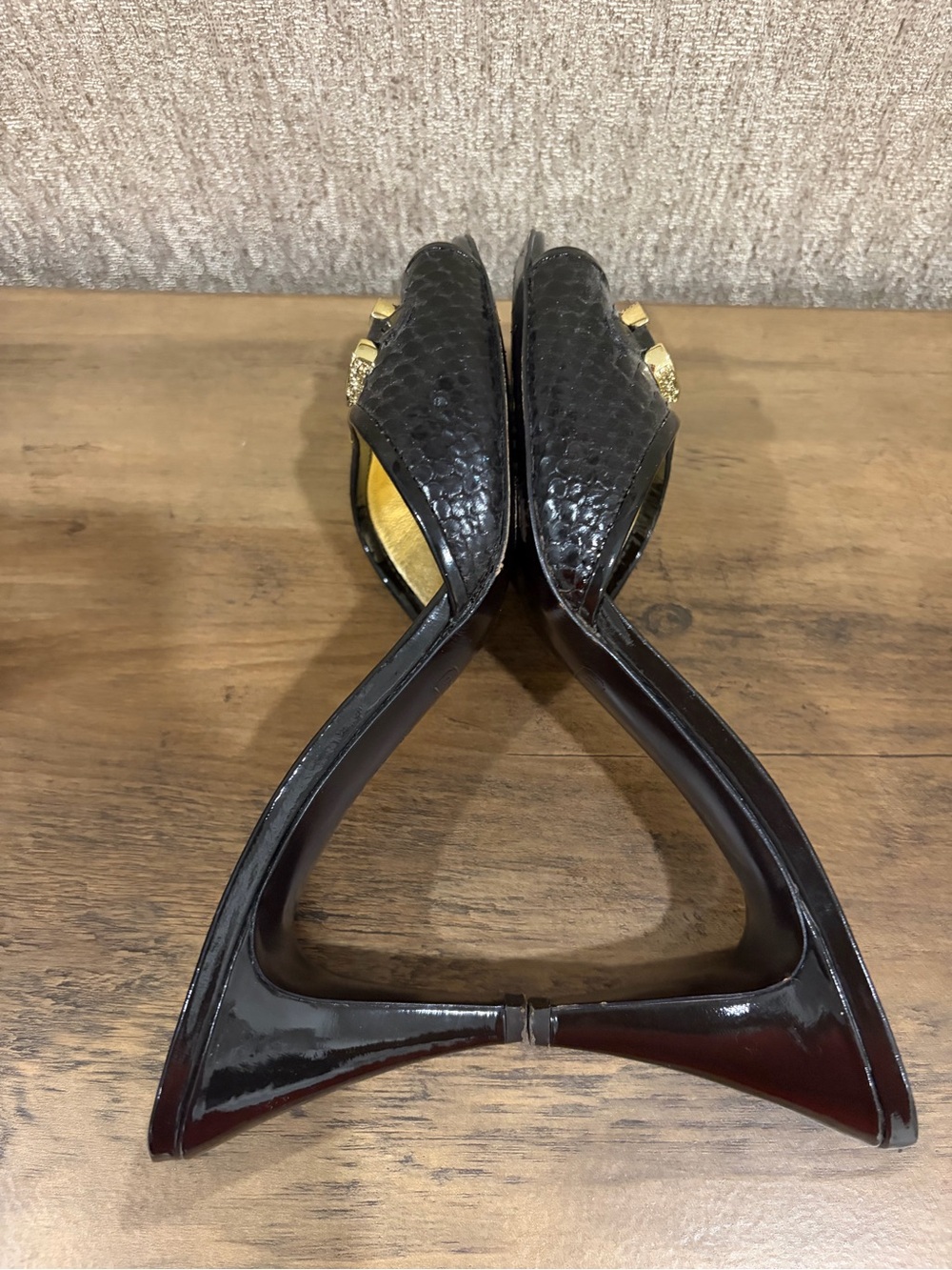 Coach Black Leather Open-Toe Mules with Gold Chain Detail - Picture 2 of 3